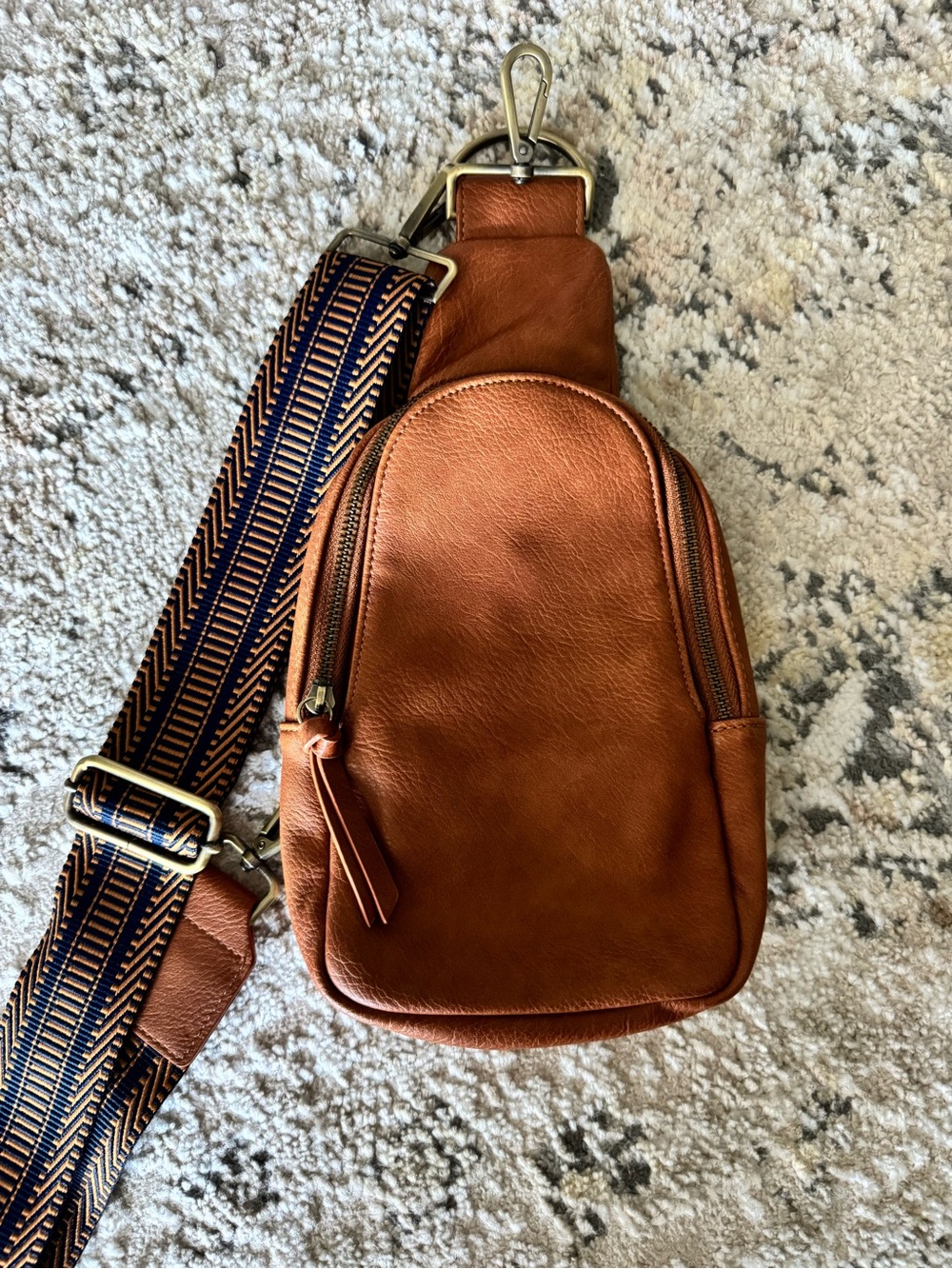 Anthropologie Leather Crossbody Sling Bag in Cognac Brown with Navy Strap